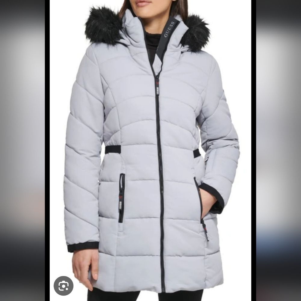 GUESS Faux FUR Trim Hooded Puffer Coat